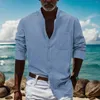 Camisas casuais masculinas algodão linho manga comprida primavera cor sólida gola alta vestido praia plus size blusas