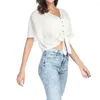 Damen Blusen Weiß Taille Krawatte Bandage Sexy Frauen Sommer V-Ausschnitt Shirts Kurzarm Chic Cropped Tops 2023 Lace Up Slim Button Crop Top