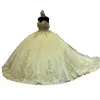 2023 Quinceanera Dresses Gold Off Off Off Shoulder Speecined Lace Sequins Aptique Crystal Bead