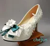 Dress Shoes High Heels White Green Bow Bridal Wedding Lace Pumps For Woman Plus Ladies Flower Girl Party WhiteDress