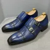 Классические туфли Роскошные классические мужские свадебные модельные туфли Черные, синие туфли из натуральной коровьей кожи с пряжкой и ремешком Оксфордские туфли-лодочки с острым носком для мужчин 231110