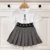 23ss skirt set kids designer clothes kid sets girls Round neck Pure cotton embroidery t-shirt Ribbon splicing Pleated skirt skirt suit High quality baby clothes