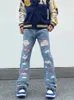 Calças de brim masculinas hip hop remendo jeans rasgados para homens tendência de rua alta bordado larga reta solta calças largas para homem 231109