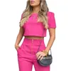 Calças de duas peças femininas conjunto de manga curta vermelha rosa top de manga curta e terno de calça longa e esbelta 2023 primavera verão 2 pcs roupas de roupa casual