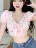 Women's T Shirts Bow Bandage Tops Sweet Crop Top Women Pink Sweet Tee Print Y2K Vintage Graphic T-Shirt 2023 Estetic Korean Fashion