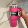 Hot Pink 40oz Edelstahlbecher mit Logo-Griff, Deckel, Strohhalm, großes Fassungsvermögen, Becher, Wasserflasche, Pulverbeschichtung, Outdoor-Campingbecher, vakuumisolierter Trinkbecher GG1110