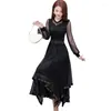 Sukienki swobodne kobiety plisowane sukienka imprezowa wiosna Vintage Mesh Black Lantern Sleeve High talia Patchwork Lace Elegancki K97