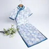 Vêtements ethniques Oversize 4XL Bleu Chrysanthème Qipao Robes Traditionnelle Chinoise Dame Mi-longue Brocart De Soie Nouveauté Cheongsam