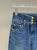 Damen Jeans Mode Weiche Denim Bleistift Hosen Für Frauen 2023 Herbst Top Qualität 3 Tasten Hohe Taille Stickerei Blau ausgefranste Manschetten Dame