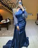 ネイビーイブニングドレスパーティーセクシーな女性vネック長袖サテンアラブファッションセレブリティプロムガウン
