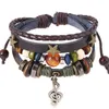 Bracelets de charme Fait à la main Boho Gypsy Hippie Design Cuir Marron Étoile G Clef Note Charmes En Métal Bouton En Bois Perles Wrap Unisexe Bracelet Réglable 230411