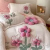 Bedding sets Pink Stereoscopic Flowers Applique Embroidery Girls Bedding Set Velvet Fleece Warm Short Plush Duvet Cover Bed Sheet Pillowcases 231110