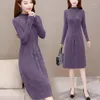 Vestidos casuais mulheres outono inverno moda sólida elegante vestido de gola alta para senhoras rendas manga longa camisola solta v40