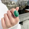 Band Rings Natural Stone Ring for Women Vintage Silver Color Aventurine Stone Rings Big Cabochon Open Ring Adjustable Men Female Jewelry P230411