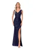 Xuibol Women Elegant Sexy Deep V-hals pailletten avondjurk luxe formele maxi lange prom blauwe spleet kralen cocktailjurk