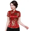 Ethnic Clothing Shanghai Story Floral Cheongsam Shirt Qipao Top Short Sleeve Chinese Traditional Faux Silk Blouse For Woman