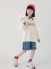 レギンスタイツ2023女の子スポーツレタープリント5ピースジーンズの子供のレトロファッションカジュアルストレートショーツエラスティックウエストパン4 12y 230411