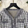 Basic Casual Dresses New Autumn Winter Houndstooth Sweater Knitted Elastic Dress Fashion Women V Neck Long Sleeve Plaid Tassel Office Ladies Vestidos 2024