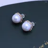 Stud Earrings Natural Freshwater 11-12mm White Round Bright Pearl 925 Sterling Silver Circle For Women Girls Jewelry Wholesale