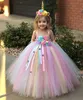 Filles robes pastel Unicorn Flower Tutu Kids Kids Crochet Tulle Boule Boule de bal avec des rubans de marguerite