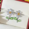 Women Stud Earrings With Green Leaf Yellow Flower Fancy Earrings Accessories For Party Luxury CZ Earrings Trendy Jewelry