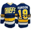 Weng #18 Jeff Hanson Charlestown Jersey Heren Hanson Brother Slap Shot 100% Gestikt Borduurfilm Hockey Jerseys Blauw Wit