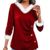 Women's Blouses Women Christmas Top Color Matching V Neck Pleated Lady Winter T-shirt Thick Loose Pullover Long Sleeve Fall