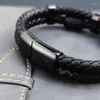 Charm Armbanden Vintage Lederen Armband Voor Mannen Handgemaakte Geweven Roestvrij Stalen Magnetische Sluiting Wrap Hand Sieraden Accessoires