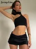 Two Piece Dress Jacuqeline Y2K Sexy Black Skirt Sets Satin Backless Halter Crop Tops Split Mini Skirts Pieces Set Summer Women Party Outfits 230411