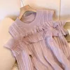 Women's Sweaters Women Fashion Off-Shoulder Sweater Autumn Winter Korean Lady Graceful Romantic Purple Ruffle Knit Tops 2023 Long Sleeve