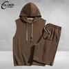 Men s Tracksuits Summer Mens Hooded Sleeveless Set Hip Hop Fashion Tracksuit Streetwear Pullover Loose T shirt Vest Drawstring Outfit 2pc 230411