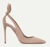 Vrouw pophakken sexy sandaal puntige teen aquazzuras strik stropdas 105 mm uitsparingen lederen pumps slingback bruiloft feestjurk pomp zwart naakt sude leer3