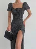 Casual Kleider Grün Print Urlaubskleid für Frauen Sommer Sexy Quadratischer Kragen Strandkleider mit Schlitz Schlank Kurzarm Midi Länge Partykleid 230410