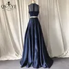Satin Navy Prom Dresses A line Scoop Neck Sleeveless Evening Gown Two Piece Party Sheer Illusion Back Plain Formal Dress