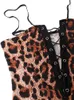 Women's Two Piece Pants Summer Trendy Women Deep V Neck Spaghetti Strap Leopard Print Lace Up Female Bodysuit Sexy Leotard Body Tops One Jum