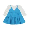 Girl-jurken 2023 3-8y Casual Kid Baby Girls Draai Spring Bow Puff met lange mouwen Ronde Nek Blue Patch Losse geplooide vakantiekleding