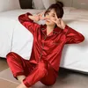 Pyjama en Satin de soie pour hommes et femmes, vêtements de nuit, manches longues, couleur unie, vêtements de maison, ensemble deux pièces