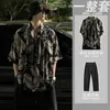 Men's Tracksuits Men Printing 2 Piece Set Retro Short Sleeve Open Stitch Shirt And Pants Two Pieces Streetwear Cotton Casual Suits A85