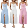 Vestidos casuais mulheres sexy decote em v sem costas espaguete cinta recorte split praia vestido longo fluido