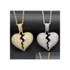 Colliers pendants Broken Heart Iced Out Collier Mens Bling Crystal Righestone Love Chain Gold Sier Twisted Twisted For Women Dhgarden Otdu5