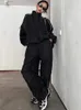 Damen Zweiteilige Hose QWEEK 90er Jahre Vintage Schwarzes Set Y2K Streetwear Jacke Übergroße Trainingshose mit weitem Bein Gorpcore Set Trainingsanzug 231110