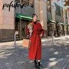 Women's Wool Blends Winter Trench Coat for Women Elegant Fashion Korean Casual Thick Red Laceup Long Jacket Black Woman With Blet 231110