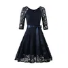 Casual Dresses Medieval Retro Ladies Dress Lace Hollow Pleated 7-point Sleeve Tight Skirt With Belt Evening Party Swing Princess