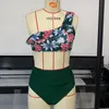 Kvinnors badkläder 2023 One Shoulder Ruffled High midje Bikini Set Women Sexig Green Floral Two Piece Swimsuit Swimming Suit I90