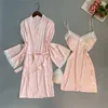 Dames slaapkleding kanten satijnen patchwork sexy vrouwen kimono gewaad set intiem lingeire casual lange mouw huiskleding zwarte badjasjurk