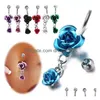 Navelklockknapp ringer rostfritt stål Belly -knappringar Crystal Rose Flower Body Piercing Bar Jewlery For Women Bikini Dhgarder Dhme9