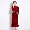 Basic Casual Dresses Fashion New Fashion Luxury Autumn Velvet Party Dress High Quality Women's Ruffled Collar Diamonds Wine Red Bodycon Mermaid Midi Clothes 2024