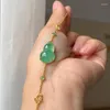 Dangle Earrings Natural Chalcedony Green Gourd Bracelet For Women Silver Inlaid Original Vintage Classical Exquisite Bangles Jewelry