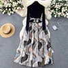 Basic Casual Dresses New Autumn Winter Knitted Patchwork Flower Print Chiffon Dress Elegant Women O Neck Long Sleeve Lace Up Pleated Midi Dress 2024