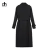 Женские траншеи Coats DH Fashion Women Coat весенняя осень женщина верхняя одежда черная двухбортная с поясом длинной тряпки для леди